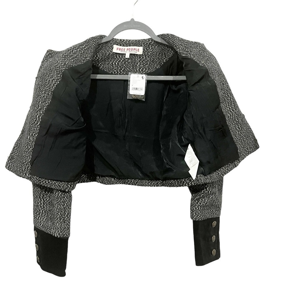 Free People Tweed Emily Jacket sz: S Black Cropped Military Coat Velvet Cuffs - Picture 6 of 10